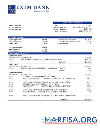 Printable Comoros Exim bank statement word real example